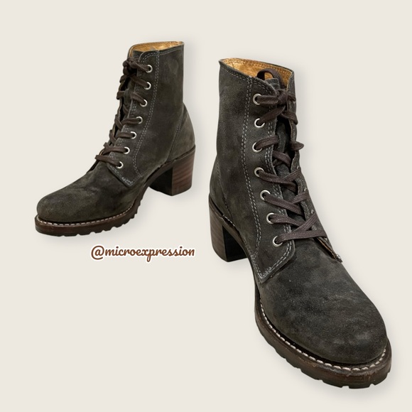 Frye Shoes - RARE Frye Sabrina 6G Olive Green-Grey Suede Lace Up Combat Block Heel Ankle Boot